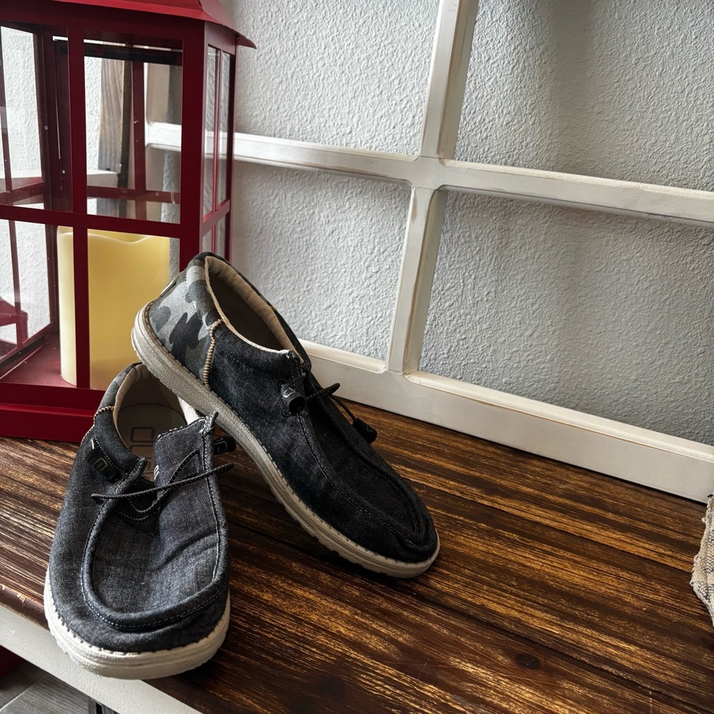 Hey Dude Black and Gray Slip-On Loafers with Moccasin Stitching